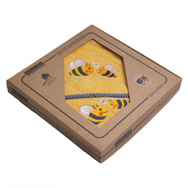 Baby Kapuzen-Badetuch und Waschhandschuh  mit Bienen- Applikation im Geschenkkarton